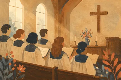 Reverent Church Choir Singing in Robes