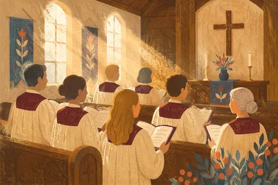 Reverent Church Choir in Burgundy Robes