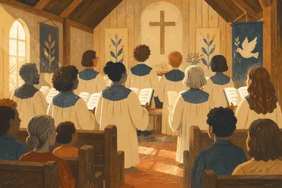 Church Choir Singing in Warm Wooden Sanctuary