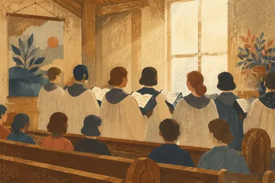 Choir Singing Hymns in Wooden Church Sanctuary