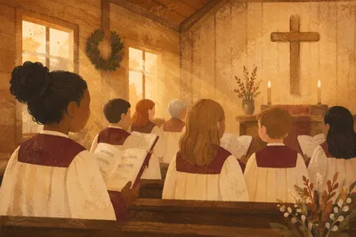 Church Choir Singing in Burgundy Robes