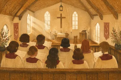 Church Choir Singing in Wooden Chapel Loft