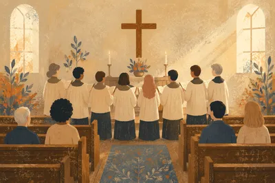 Church Choir Singing Before Wooden Cross