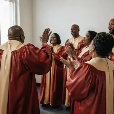 Joyful Church Choir Rehearsal in Red Robes