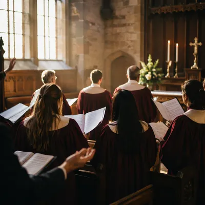 Church Choir Singing in Burgundy Robes