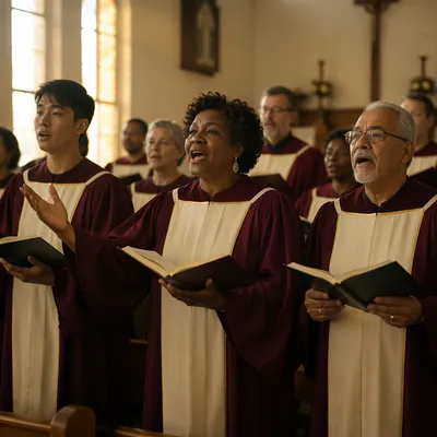 Diverse Choir Rehearsal in Traditional Chapel