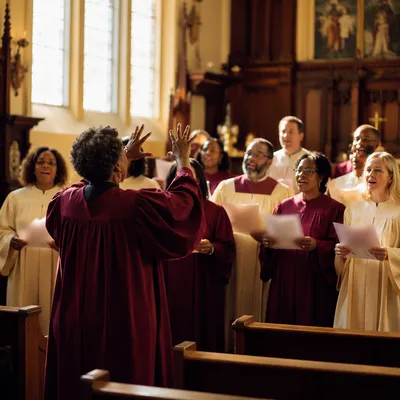 Diverse Church Choir Rehearsal in Sanctuary