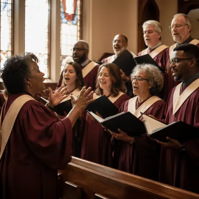 Diverse Choir Rehearsal in Traditional Sanctuary