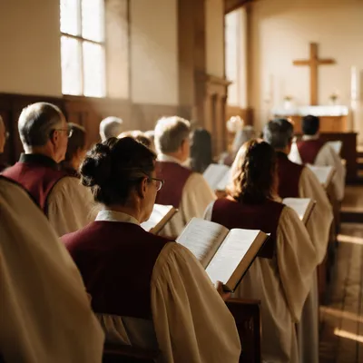 Church Choir Singing in Burgundy Robes