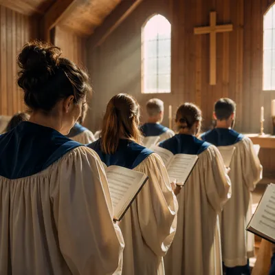 Church Choir Singing Before Wooden Cross