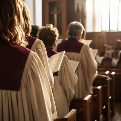 Reverent Church Choir in Burgundy Robes