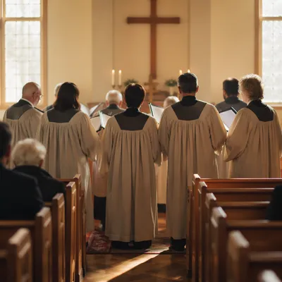 Church Choir Singing Before Wooden Cross