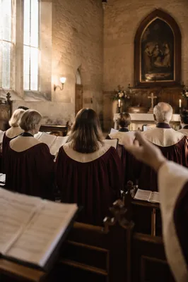 Church Choir Singing in Burgundy Robes