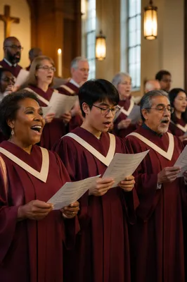 Church Choir Rehearsal in Warm Sanctuary Light