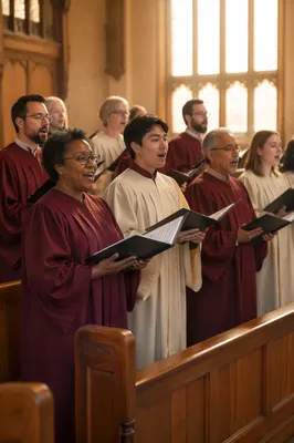 Diverse Choir Singing in Church Sanctuary
