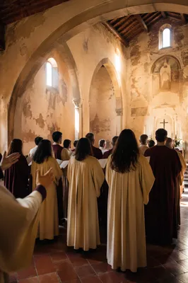 Church Choir Singing in Rustic Chapel