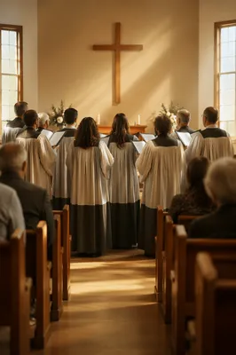 Church Choir Singing Before Wooden Cross