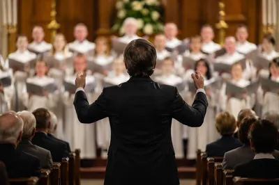 Church Choir Led by Conductor in Sanctuary