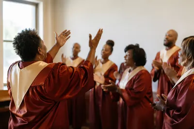 Joyful Church Choir Rehearsal in Red Robes