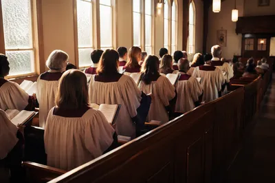 Community Choir Singing in Burgundy Church Robes