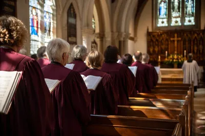 Church Choir Singing in Burgundy Robes