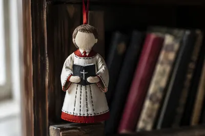 Handmade Choir Robe Ornament on Church Bookshelf