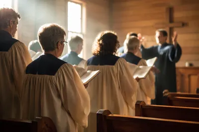 Reverent Church Choir Singing in Robes