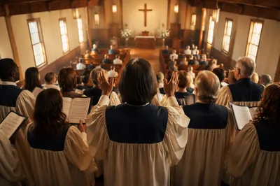 Church Choir Singing in Wooden Sanctuary