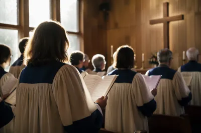 Church Choir in Robes Before Wooden Cross