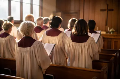 Church Choir Singing in Burgundy Robes