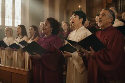 Diverse Choir Singing in Church Sanctuary