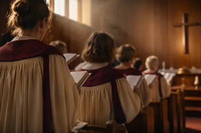 Church Choir Singing in Burgundy Robes
