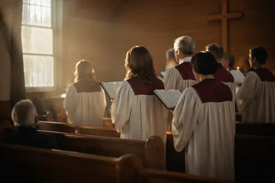 Reverent Church Choir in Burgundy Robes