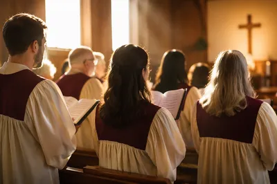 Church Choir Singing in Burgundy Robes