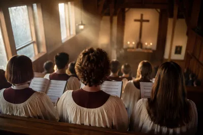 Church Choir Singing Toward a Simple Cross