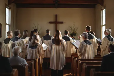 Church Choir Singing Before Wooden Cross