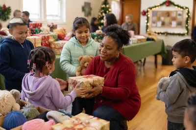 Children Receiving Gifts in Church Hall