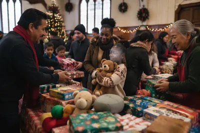 Children Receiving Christmas Gifts in Church Hall