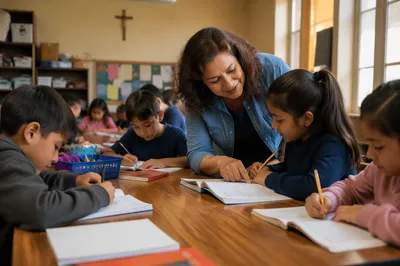 Children Studying in Bright Church Classroom