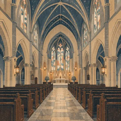 Historic Church Aisle Toward Illuminated Altar