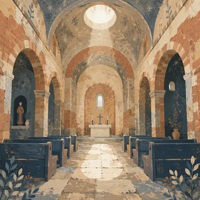 Ancient Church Aisle Toward Quiet Altar