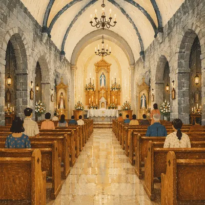 Historic Church Aisle Toward Glowing Altar