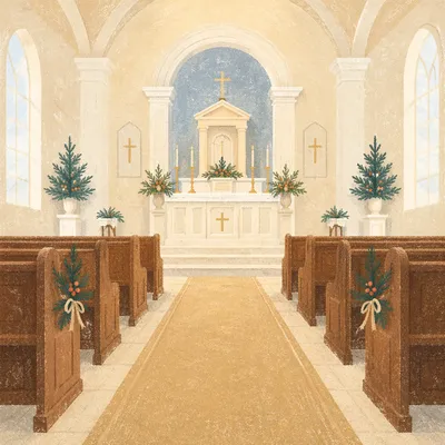 Serene Church Aisle to Bright Altar