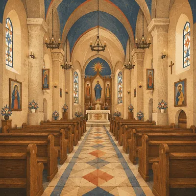 Historic Church Aisle Toward Softly Lit Altar