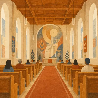 Warm Church Aisle Leading to Altar