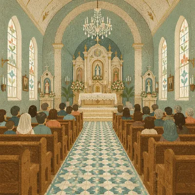 Historic Church Aisle Toward Ornate Altar