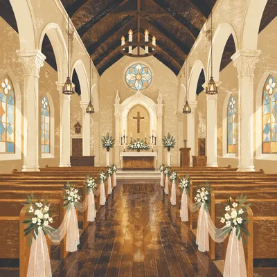 Elegant Church Aisle Toward Softly Lit Altar