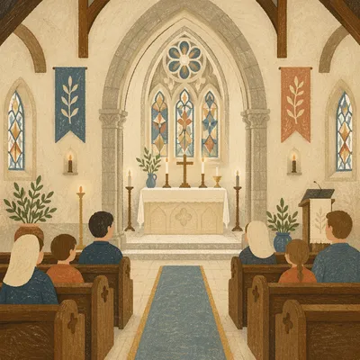 Historic Church Aisle Toward White Altar
