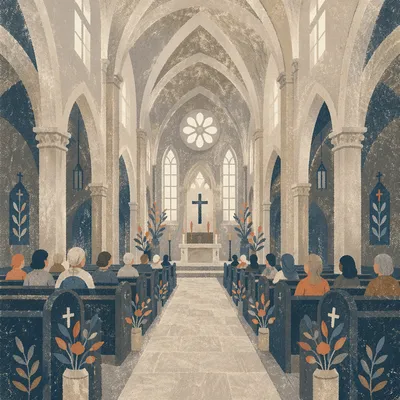 Gothic Church Aisle Toward Quiet Altar