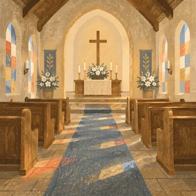 Sunlit Church Aisle Toward Simple Altar